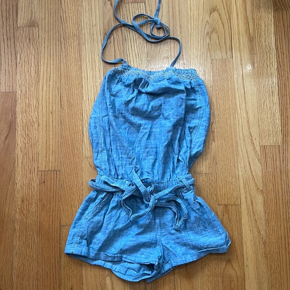 Hollister Denim Blue Halter Tie Waist Summer Spring Overall Shortall Romper - Picture 2 of 4
